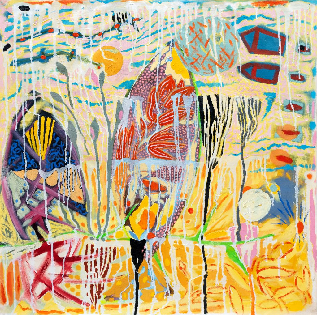 Abstract painting of an outdoor scene with birds and buildings