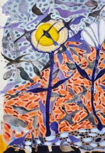 Abstract painting of yellow and white flowers with black birds in the background
